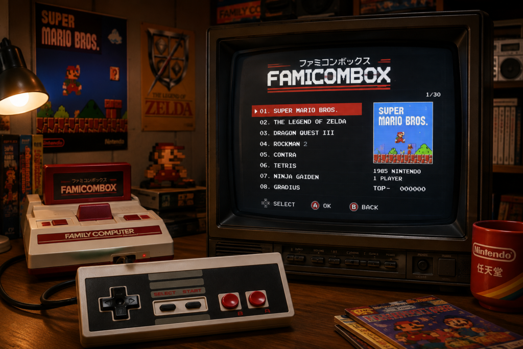 Controle clássico do Famicom usado no FamicomBox de hotéis japoneses