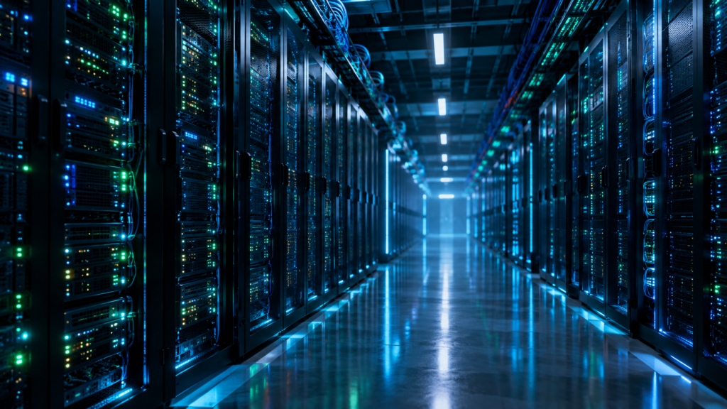 Data center com fileiras de servidores em operação, infraestrutura usada por chips Arm Neoverse CSS N4 para inteligência artificial