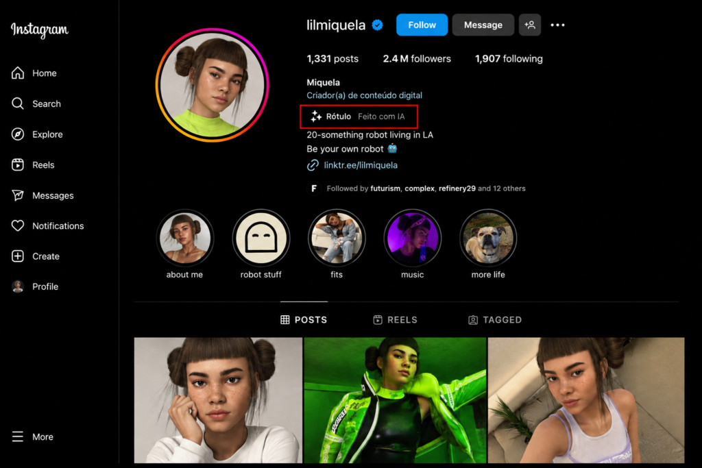 Perfil influenciador virtual IA Instagram identificação