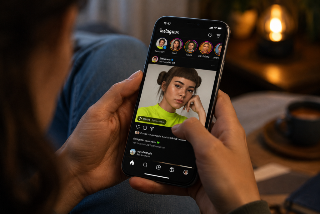 Usuário navegando feed Instagram perfis IA