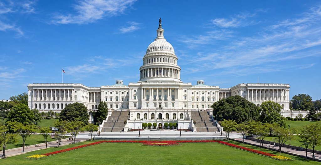Fachada do Capitólio dos Estados Unidos em Washington, sede do Congresso que discute riscos da inteligência artificial