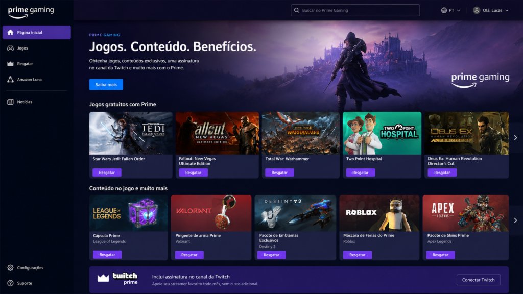 Prime Gaming, plataforma de jogos grátis da Amazon